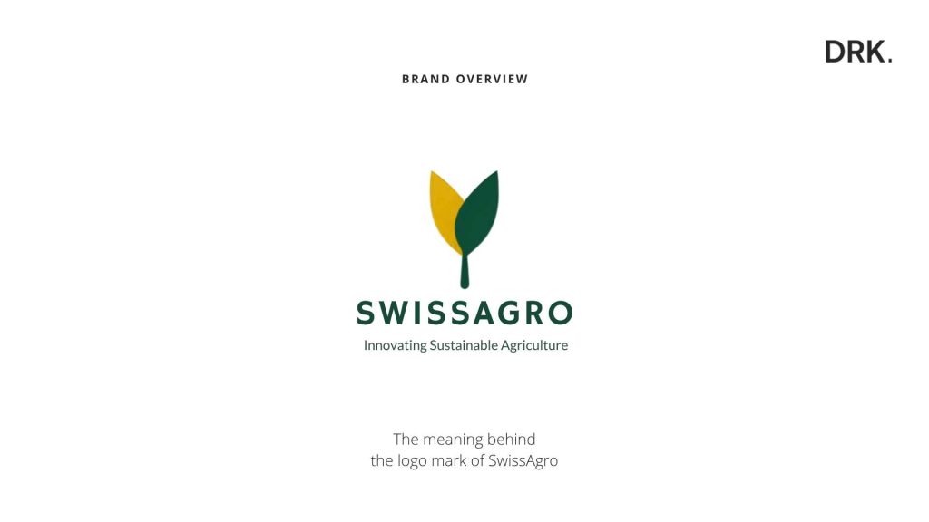 SwissAgro merkoverzicht ontworpen door Dirk van Eck, met een logo van twee bladeren en de slogan “Innovating Sustainable Agriculture”