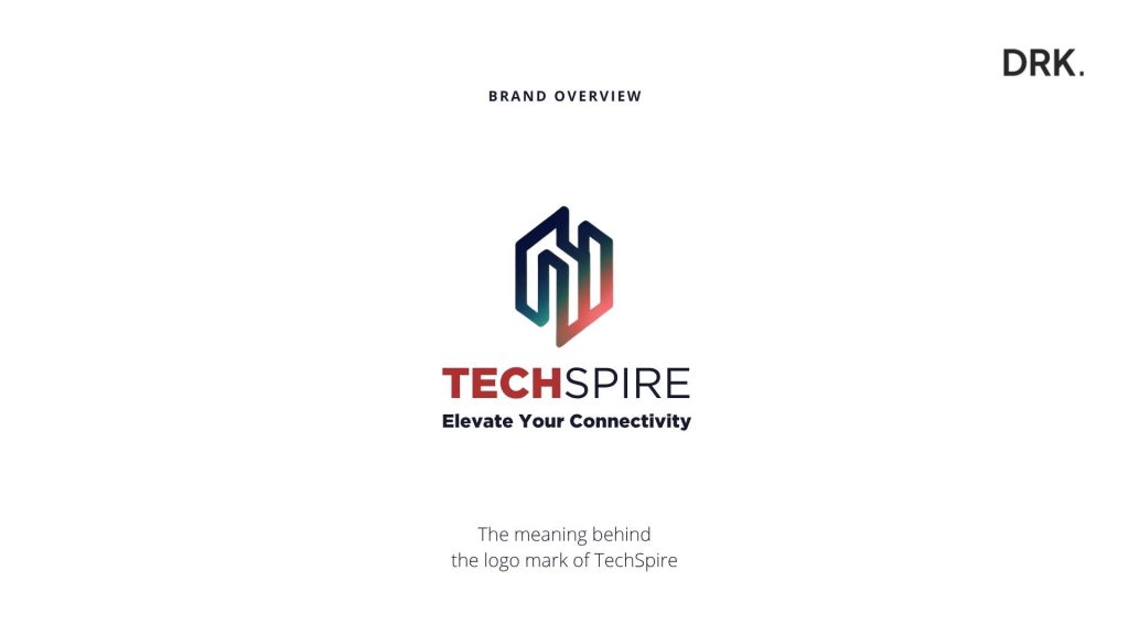 TECHSPIRE brand introduction slide designed by Dutch visual storyteller and digital designer Dirk van Eck, featuring abstract tech-inspired logo with gradient blue-to-red design and the tagline “Elevate Your Connectivity”