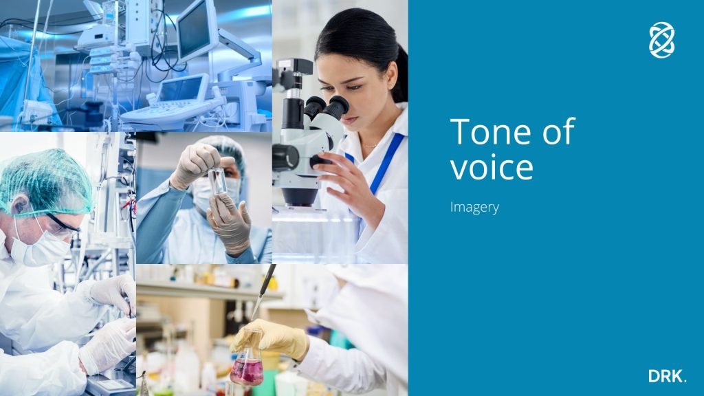 MEDHELIX brand tone and imagery slide designed by Dutch visual storyteller and digital designer Dirk van Eck, featuring a collage of scientific environments and lab equipment under the theme “Tone of Voice / Imagery”