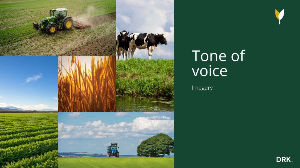 SwissAgro tone of voice- en beeldgids ontworpen door Dirk van Eck, met zes agrarische foto's en tekstueel brandingpaneel