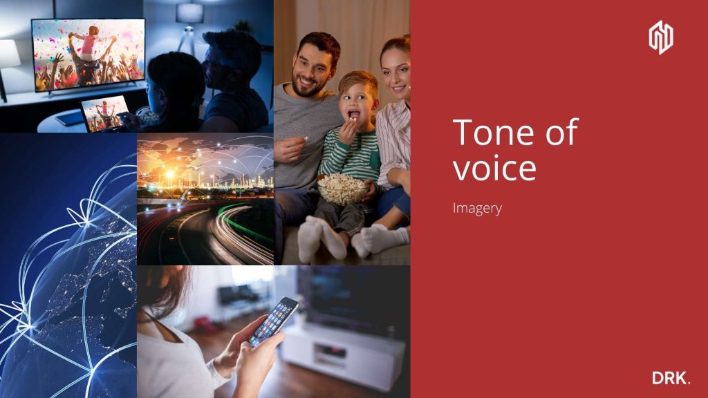 TECHSPIRE moodboard curated by Dirk van Eck, showcasing tone of voice and imagery direction with crowd scenes, cityscapes, digital networks, and cozy media moments in a cinematic collage