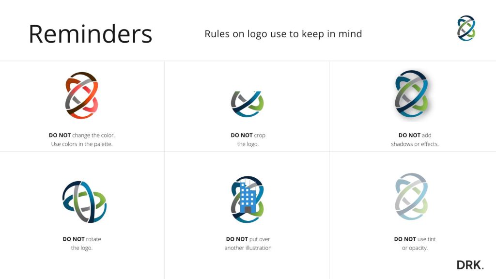 MEDHELIX logo misuse guide by Dutch visual storyteller and digital designer Dirk van Eck, showing six incorrect logo applications with explanations to preserve brand integrity