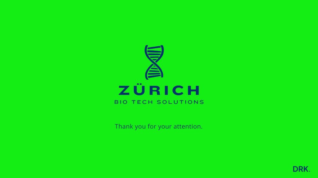 Zürich Bio Tech Solutions closing slide by Dirk van Eck, showing DNA emblem with brand name and “Thank you for your attention” on green background