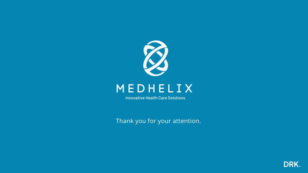 MEDHELIX closing slide by Dutch visual storyteller and digital designer Dirk van Eck, featuring abstract helix logo with tagline and “Thank you for your attention” message on blue background