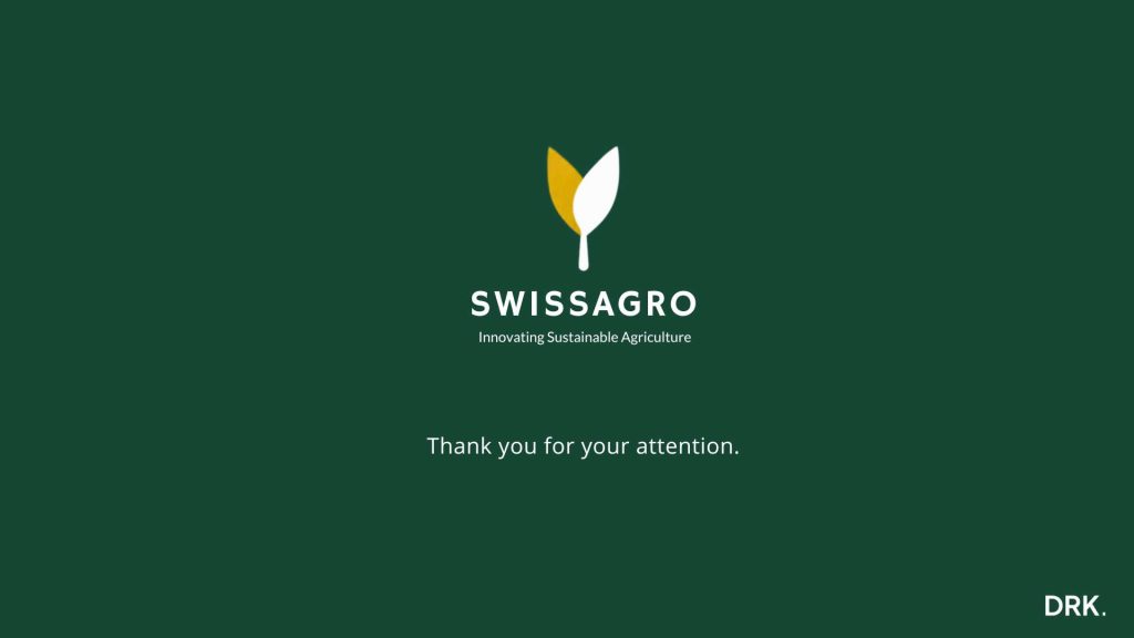SwissAgro-afsluitslide ontworpen door Dirk van Eck, met groene achtergrond, logo en de tekst “Thank you for your attention”