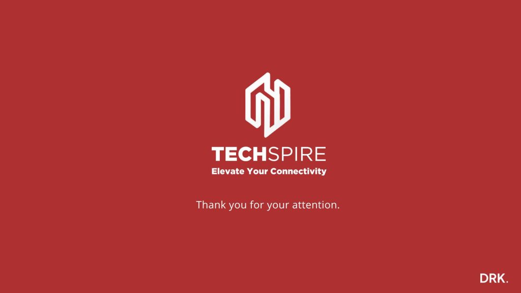 TECHSPIRE closing slide by Dutch digital designer Dirk van Eck featuring geometric logo and tagline “Elevate Your Connectivity” above message “Thank you for your attention” on red background