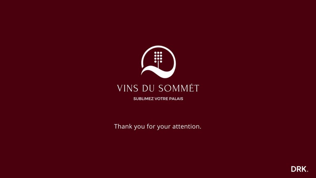 Vins du Sommet-afsluitslide ontworpen door Dirk van Eck, met druiventroslogo en de tekst “Thank you for your attention” op een bordeauxrode achtergrond