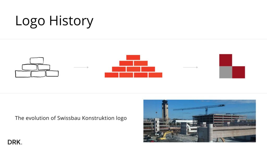 Swissbau Konstruktion logo-evolutie door Dirk van Eck, van schets tot abstract ontwerp met visuele referentie naar bouwplaats