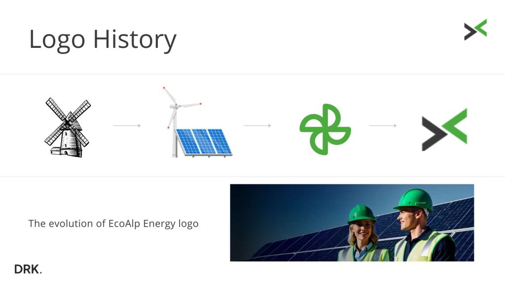 SwissGuard logo-evolutie slide door Dirk van Eck met windmolen, turbine, groene abstracte propeller en huidige zwart-groene X-logo; met twee personen met groene helmen voor zonnepanelen