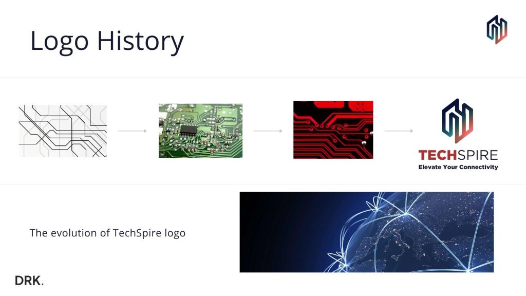 TECHSPIRE conceptual slide designed by Dutch digital designer Dirk van Eck, featuring minimalistic layout with bold “TECHSPIRE” logo and phrase “The meaning behind the logo mark of TechSpire”