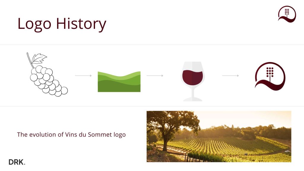 Vins du Sommet-logo evolutievisual ontworpen door Dirk van Eck, met ontwerpstappen van druiventros tot finalisatie in cirkelvormig embleem