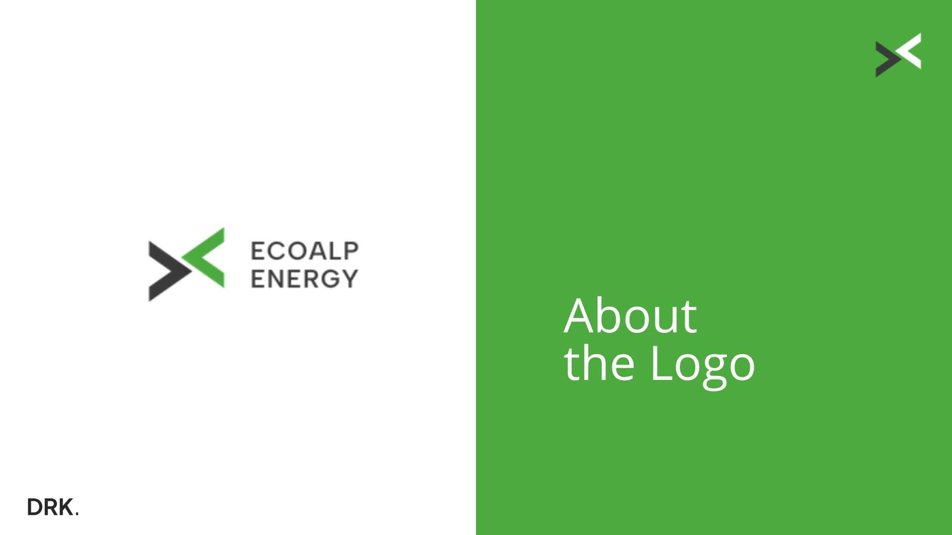 EcoAlp Energy logo-geschiedenis slide door Dirk van Eck met windmolen, turbine, groene propeller en zwart-groene pijl-logo; twee mensen met groene helmen bij zonnepanelen