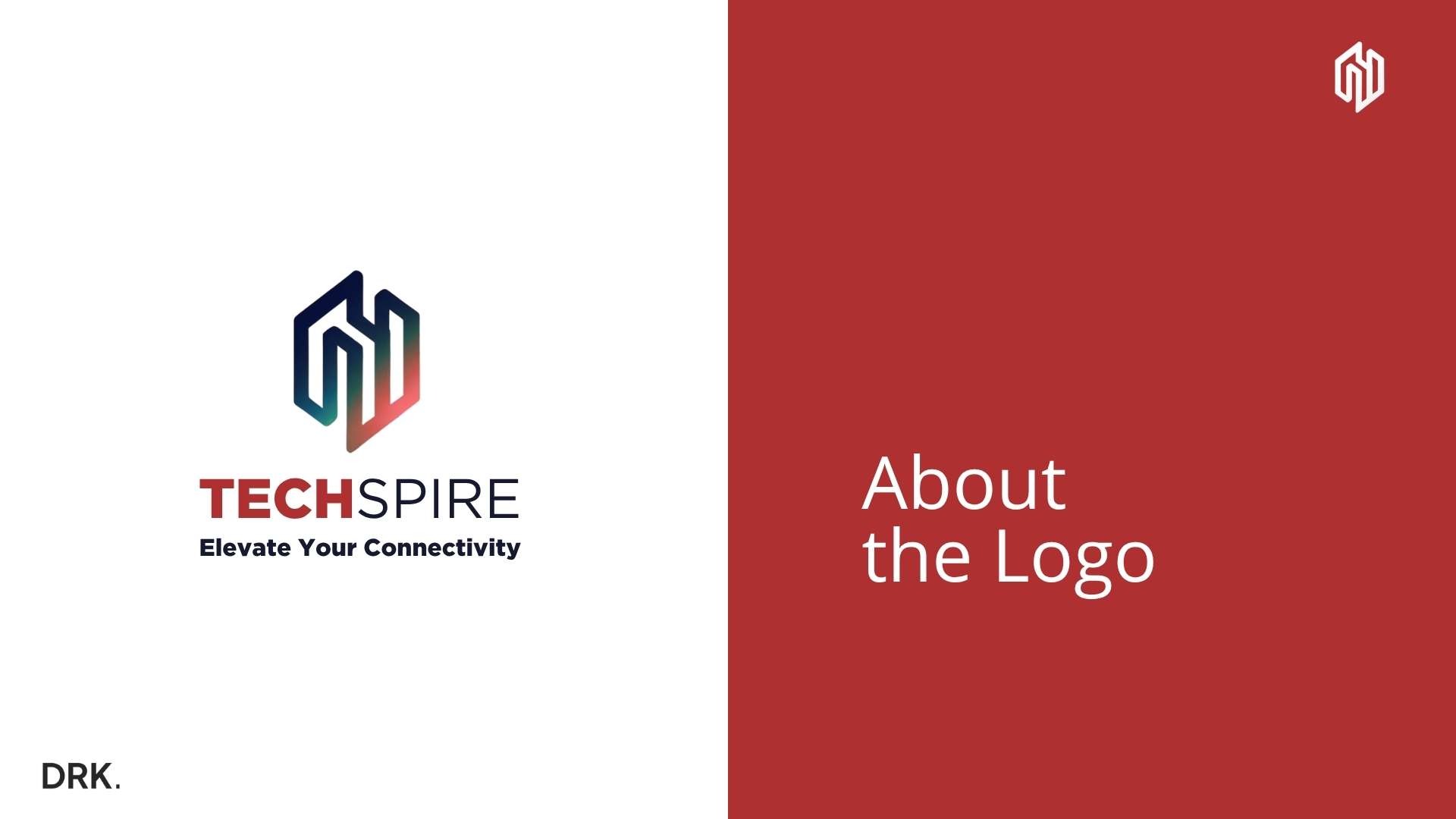 TECHSPIRE logo explanation slide by Dutch digital designer Dirk van Eck, featuring split layout with bold red “About the Logo” panel and geometric tech logo with tagline “Elevate Your Connectivity”