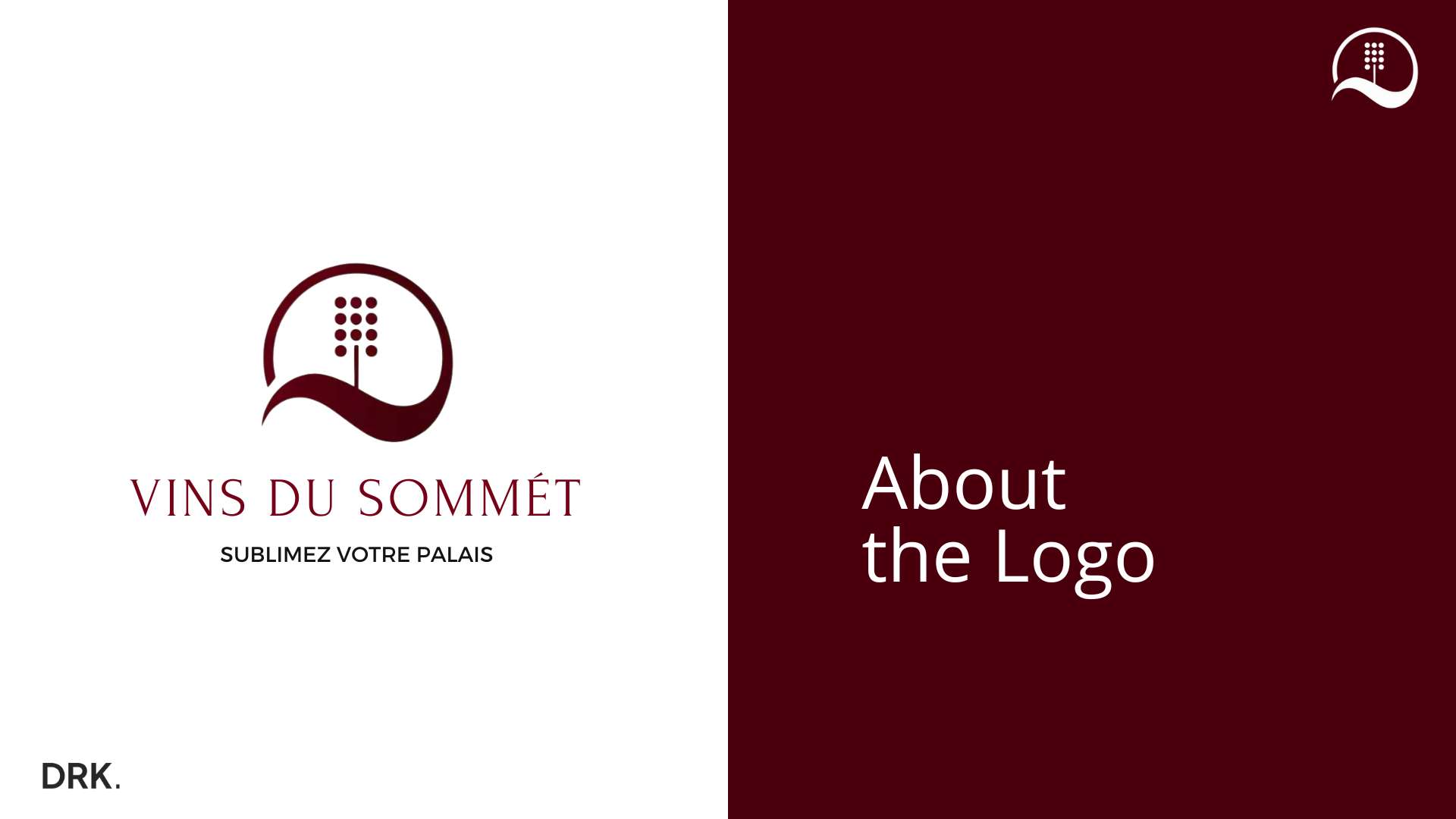 Vins du Sommet logo explanation slide designed by Dirk van Eck, showing white grape emblem with burgundy panel labeled “About the Logo”