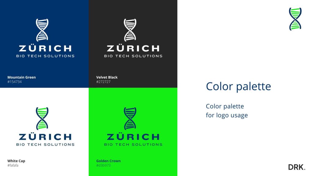 Zürich Bio Tech Solutions kleurengids ontworpen door Dirk van Eck, met vier logoversies op achtergronden met hex-codes