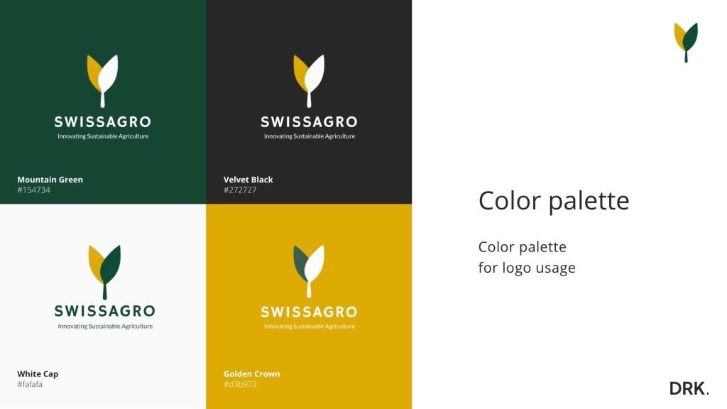 SwissAgro logo color palette designed by Dirk van Eck, showing four logo variations with background colors and hex codes
