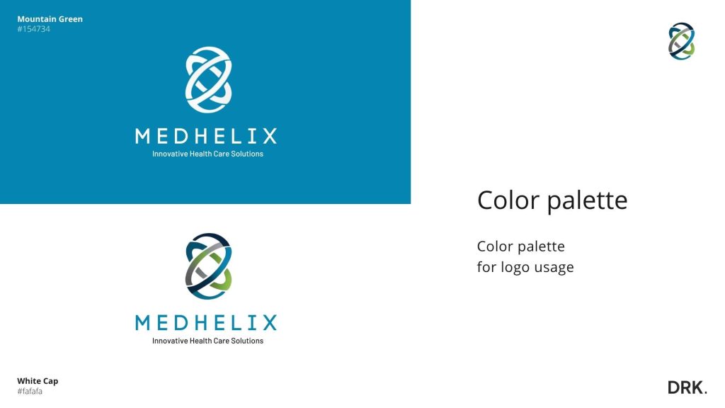 MEDHELIX-logo kleurenpalet slide door Nederlandse visual storyteller en digital designer Dirk van Eck, met logo op groene en witte achtergrond en officiële kleurcodes