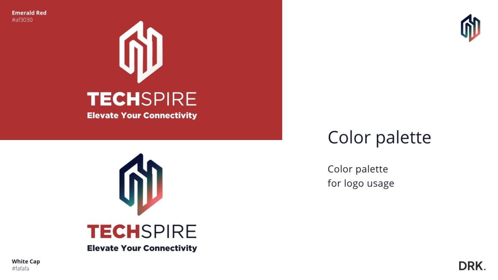 TECHSPIRE branding slide designed by Dutch digital designer Dirk van Eck showing logo color usage guidelines with examples on red and white backgrounds using Emerald Red (#af3030) and White Cap (#fafafa)