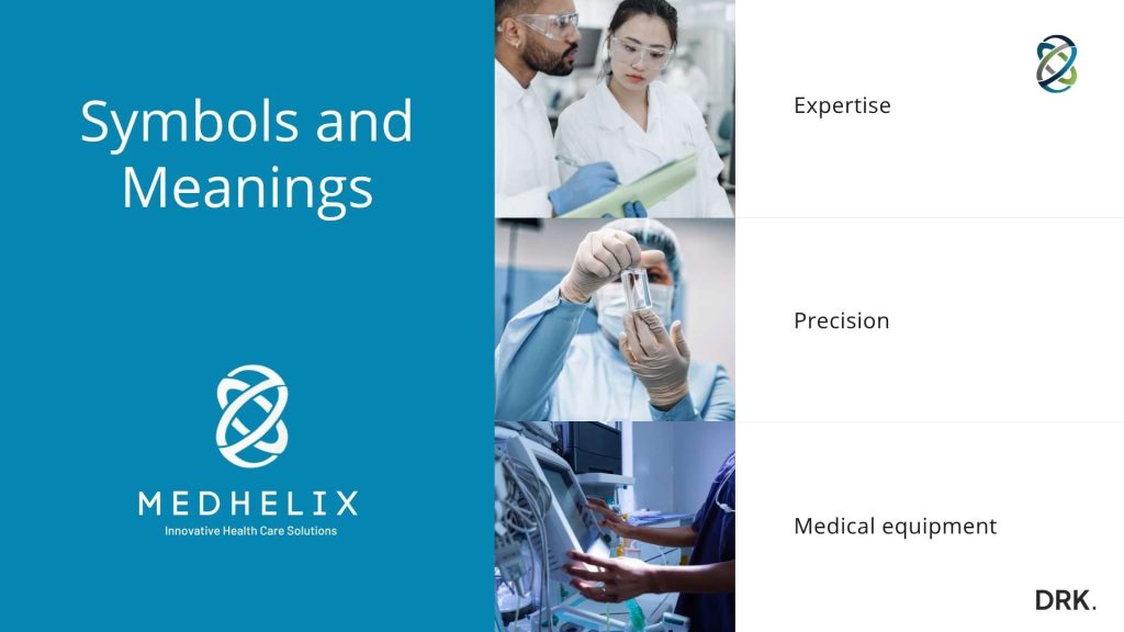 MEDHELIX branding slide designed by Dutch visual storyteller and digital designer Dirk van Eck, with blue helix logo and imagery representing expertise, precision, and medical equipment