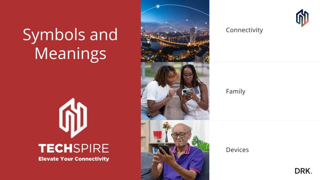 TECHSPIRE symbols and meanings slide designed by Dutch digital designer Dirk van Eck, showing connectivity graphics, family interaction, and device use with brand logo and tagline on red background