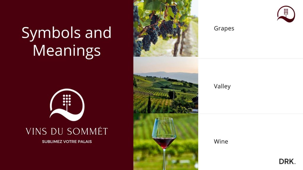 Vins du Sommet-merkvisual door Dirk van Eck met druiventroslogo en symbolen voor druiven, vallei en wijnglas