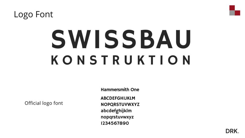 Swissbau Konstruktion logo font reference by Dirk van Eck, featuring Hammersmith One typeface and geometric logo in top corner