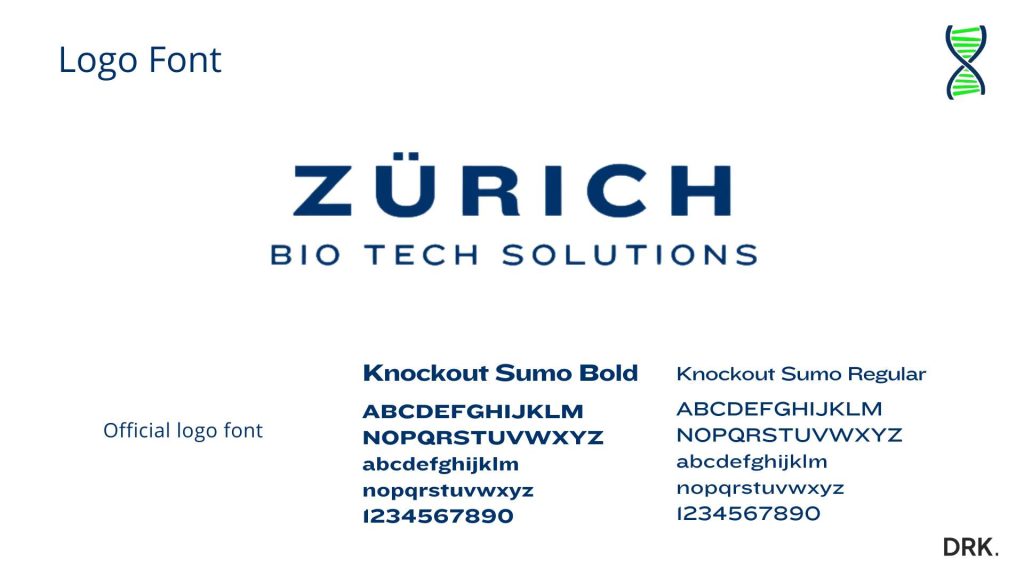 Zürich Bio Tech Solutions logo font guide by Dirk van Eck, showing Knockout Sumo Bold and Knockout Sumo Regular typefaces for uppercase, lowercase, and numerals