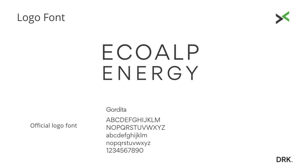 EcoAlp Energy logo font guide by Dirk van Eck showcasing official typeface Gordita in uppercase, lowercase, and numerals