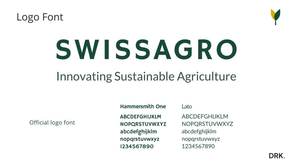 SwissAgro logo font guide designed by Dirk van Eck, featuring the official green logo with Hammersmith One and Lato typefaces