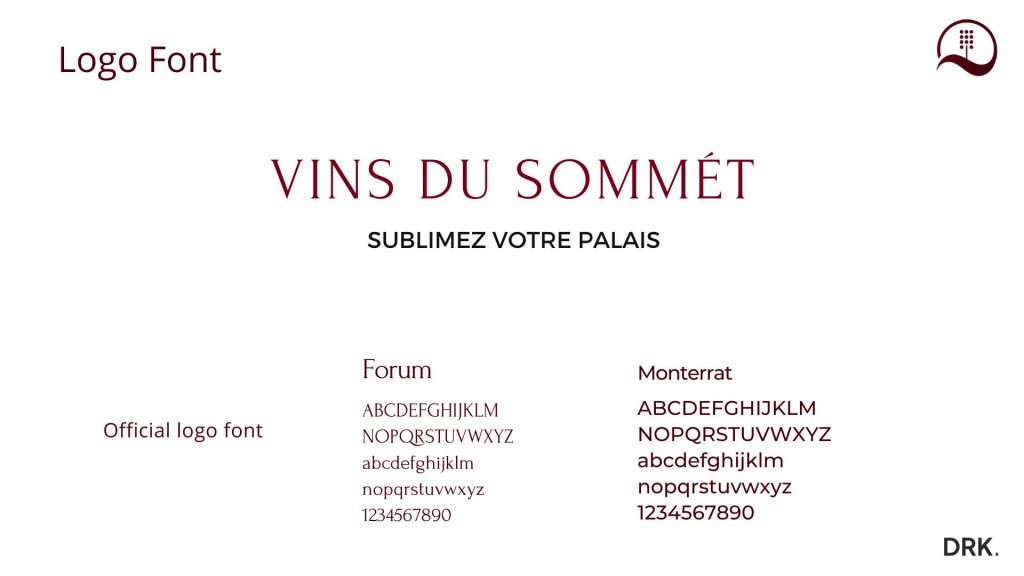 Vins du Sommet typografiegids ontworpen door Dirk van Eck, met schreefletter voor logo en schreefloze tagline, plus Forum en Montserrat als ondersteunende fonts