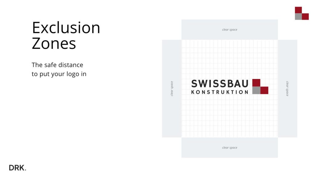 Swissbau Konstruktion logo exclusion zone guide by Dirk van Eck with grid layout and clear space instructions
