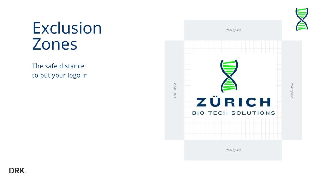 Zürich Bio Tech Solutions exclusion zone guide designed by Dirk van Eck, showing DNA logo with spacing instructions and tagline “The safe distance to put your logo in