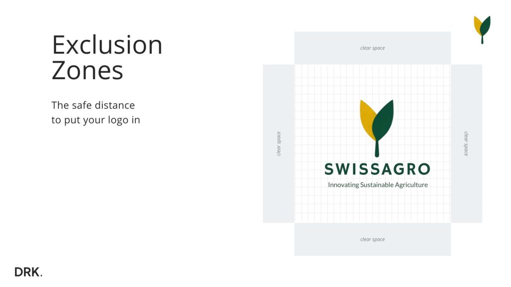 SwissAgro logo exclusion zone guide designed by Dirk van Eck, showing safe distance grid and clear space around the logo