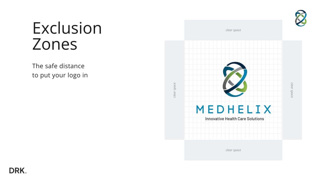 MEDHELIX exclusion zone guideline slide designed by Dutch visual storyteller and digital designer Dirk van Eck, illustrating safe logo spacing with grid layout and clear space markers