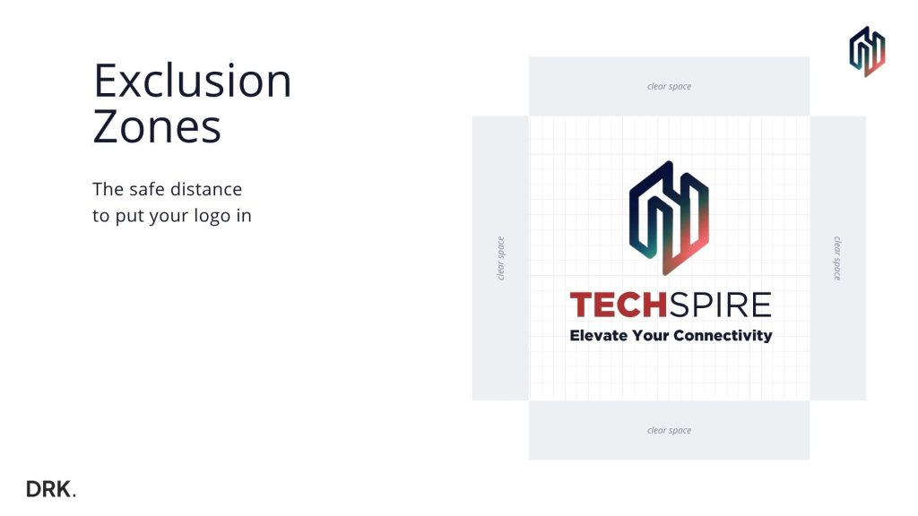 TECHSPIRE exclusion zone slide by Dirk van Eck illustrating minimum clear space around logo and tagline “Elevate Your Connectivity” using grid layout and red background