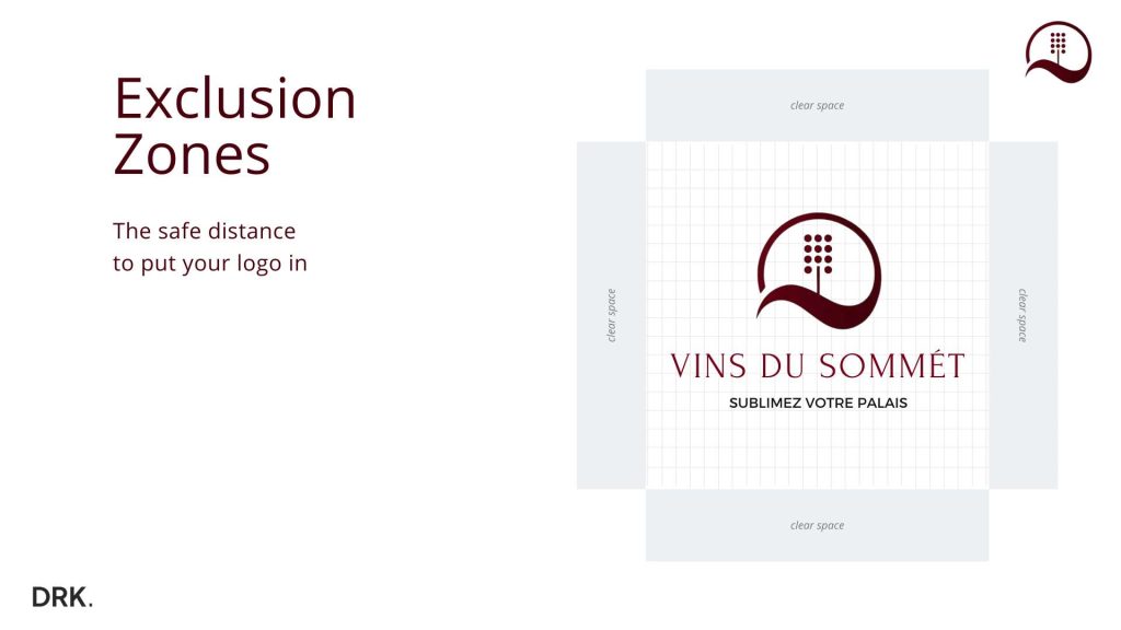Vins du Sommet logo exclusion zone guide designed by Dirk van Eck, showing circular grape emblem with spacing markers and tagline