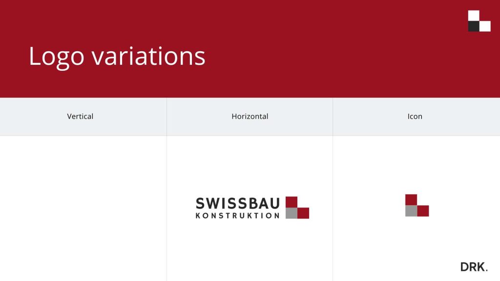 Swissbau Konstruktion logo format variations by Dirk van Eck with horizontal and icon layout using black wordmark and red-gray squares