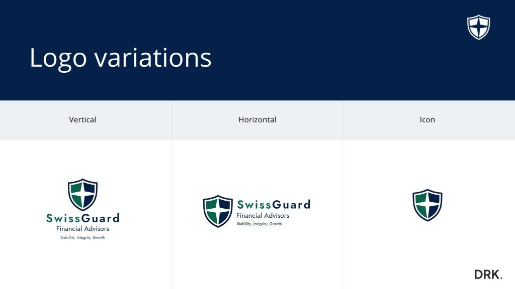 SwissGuard logo format variations by Dirk van Eck, showing vertical, horizontal, and icon layouts with shield emblem and tagline “Stability, Integrity, Growth”