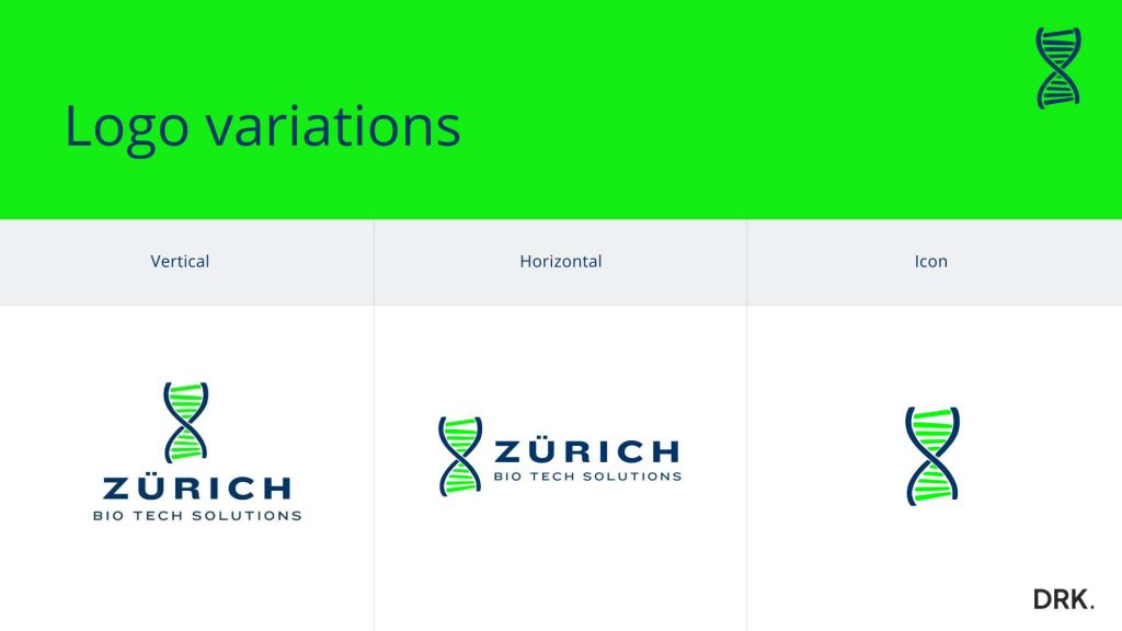 Zürich Bio Tech Solutions logo format guide designed by Dirk van Eck, showing vertical, horizontal, and icon layouts with DNA helix emblem