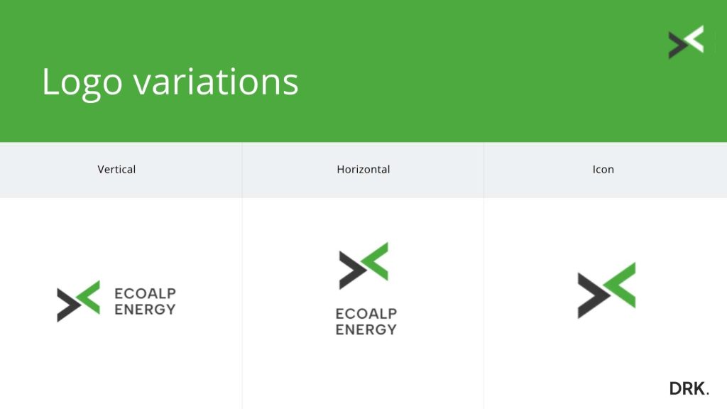 EcoAlp Energy slide met logo-opties door Dirk van Eck: verticaal, horizontaal en icoonversies van zwart-groene X-logo