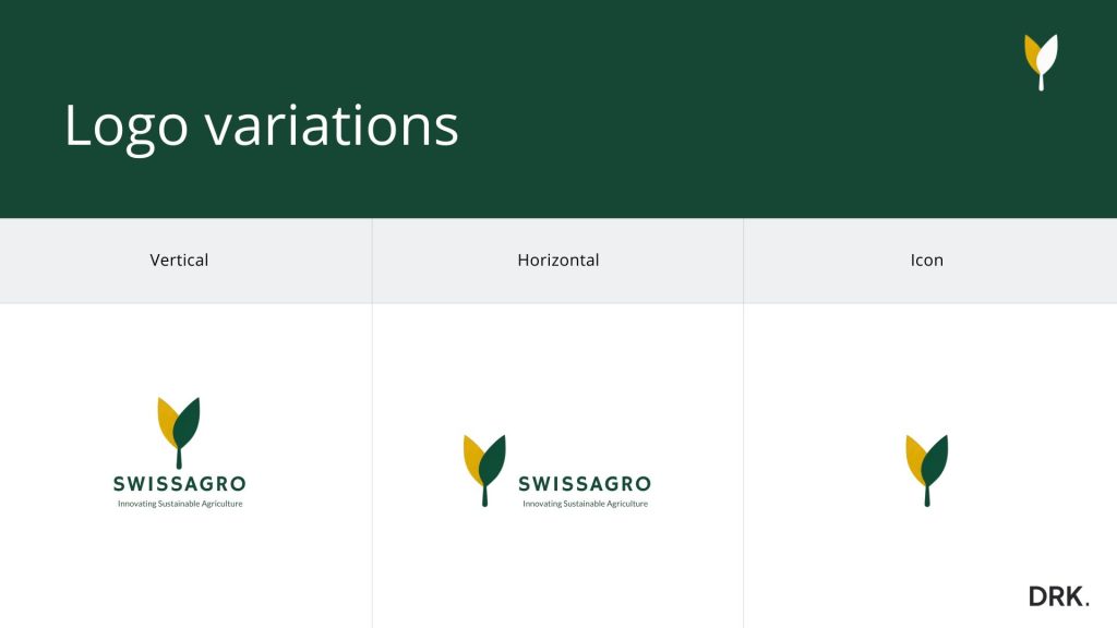 SwissAgro logo variations designed by Dirk van Eck, featuring vertical, horizontal, and icon formats with dual-leaf emblem