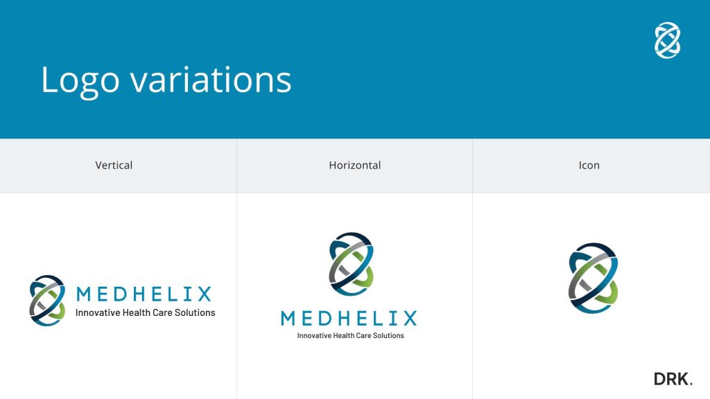 MEDHELIX logo variations slide designed by Dutch visual storyteller and digital designer Dirk van Eck, showing vertical, horizontal, and icon formats with tagline and helix motif