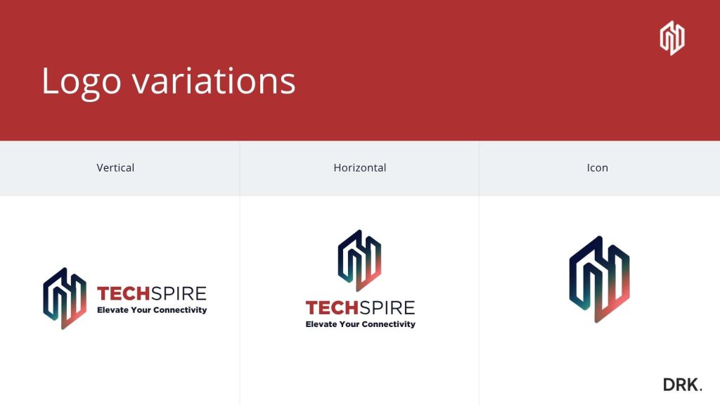 TECHSPIRE logovariaties-slide ontworpen door Nederlandse visual storyteller en digital designer Dirk van Eck, met geometrisch rood-zwart logo in verticale, horizontale en icoonformats en de slogan “Elevate Your Connectivity”