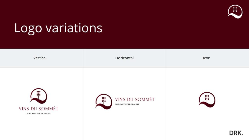 Vins du Sommet-logovariaties ontworpen door Dirk van Eck, met verticale, horizontale en icoonversies van het druiventroslogo