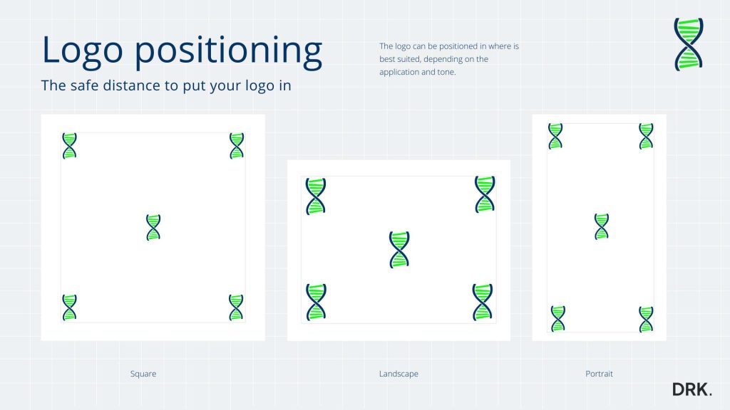 Zürich Bio Tech Solutions logo positioning guide by Dirk van Eck, showing emblem placement in square, landscape, and portrait formats