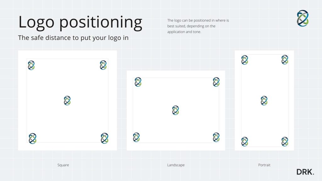 MEDHELIX logo positioning guide slide by Dutch visual storyteller and digital designer Dirk van Eck, showcasing logo placement in square, landscape, and portrait formats with helix icon and spacing tips
