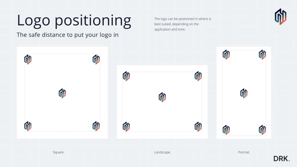 Logo positioning guide by Dirk van Eck demonstrating safe placement zones for a geometric “DRK.” logo within square, landscape, and portrait formats