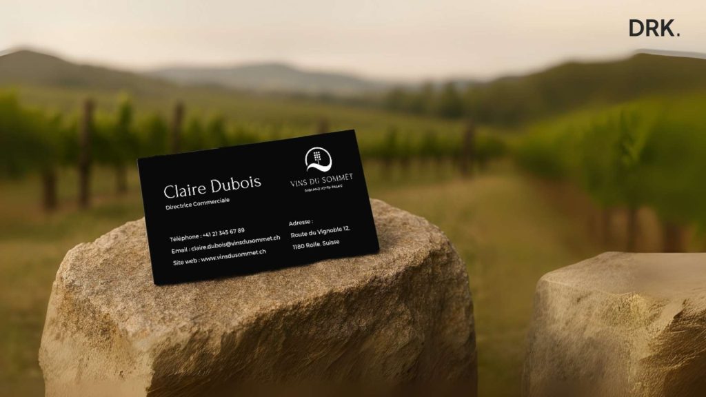 Visitekaartje van Claire Dubois, Directrice Commerciale bij Vins du Sommet, gefotografeerd door Dutch visual storyteller and digital designer Dirk van Eck op een rots met wijngaard op de achtergrond