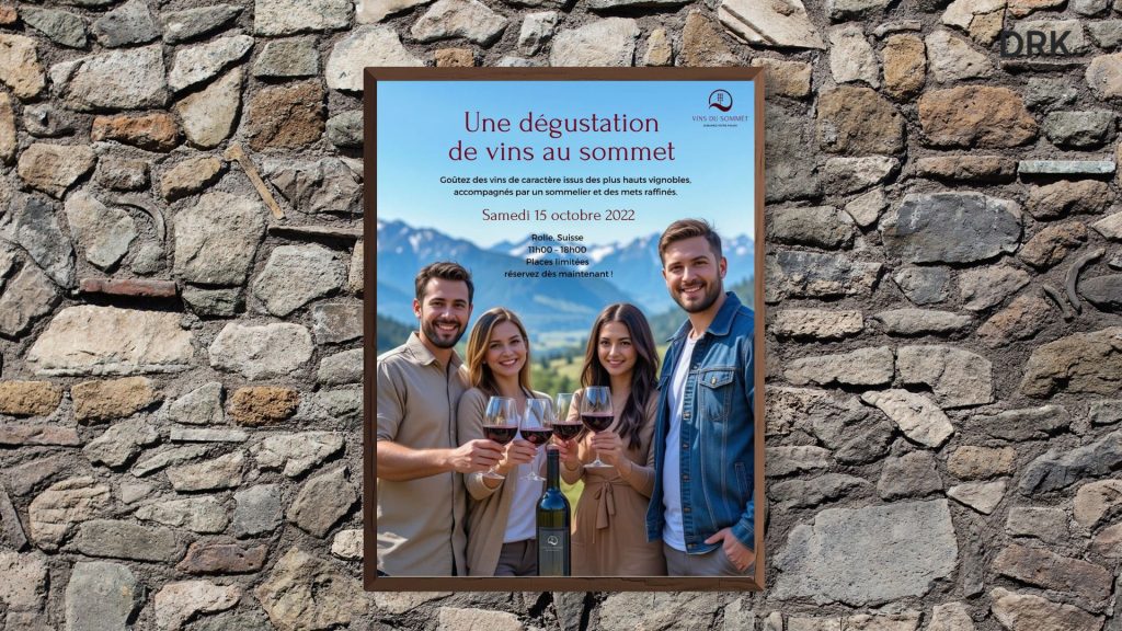 Poster voor een wijnproeverij van Vins du Sommet op een stenen muur, met mensen die rode wijn proeven en bergen op de achtergrond, gefotografeerd door Dutch visual storyteller and digital designer Dirk van Eck