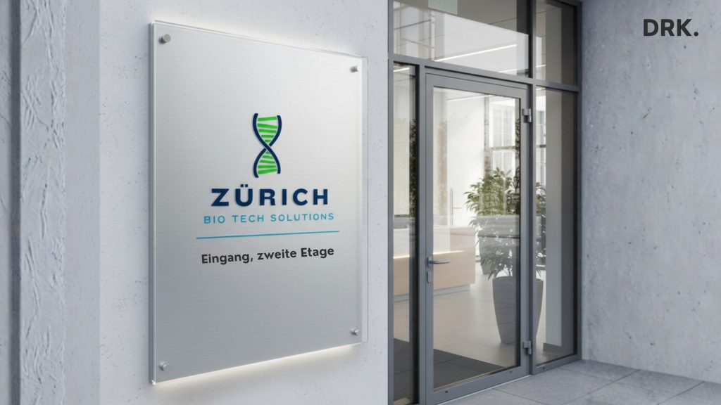 Entreebord voor Zürich Bio Tech Solutions GmbH met DNA-logo en moderne uitstraling, ontworpen door Nederlandse visual storyteller en digital designer Dirk van Eck